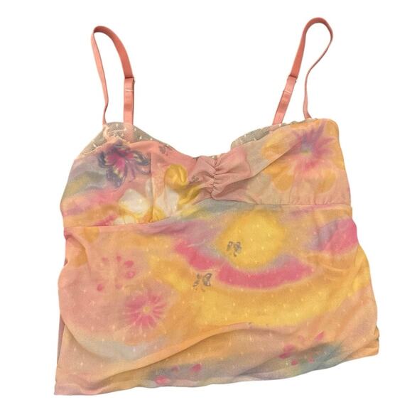 Intimissimi Floral Sheer Mesh Cami Top Pink Yellow Blue Ruched Bust Sz S - Picture 1 of 4